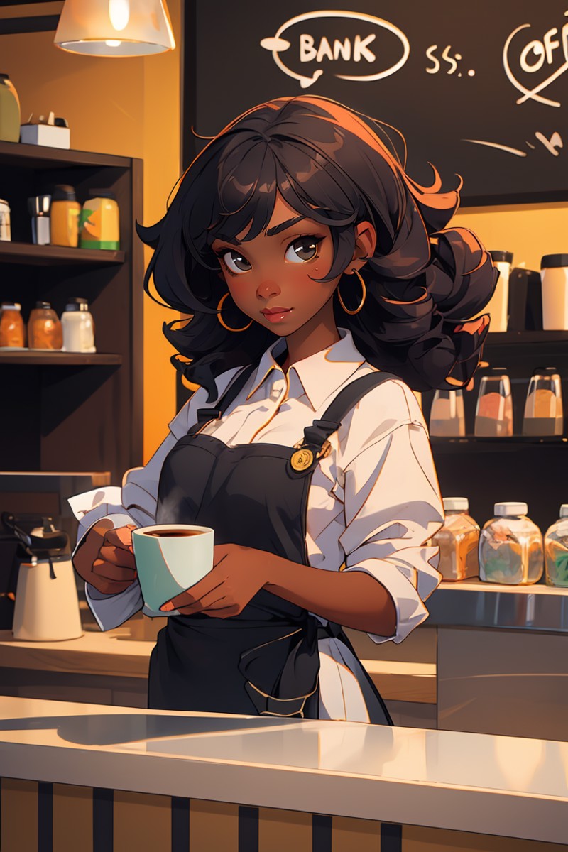 (masterpiece, best quality), black girl, curly hair, barista